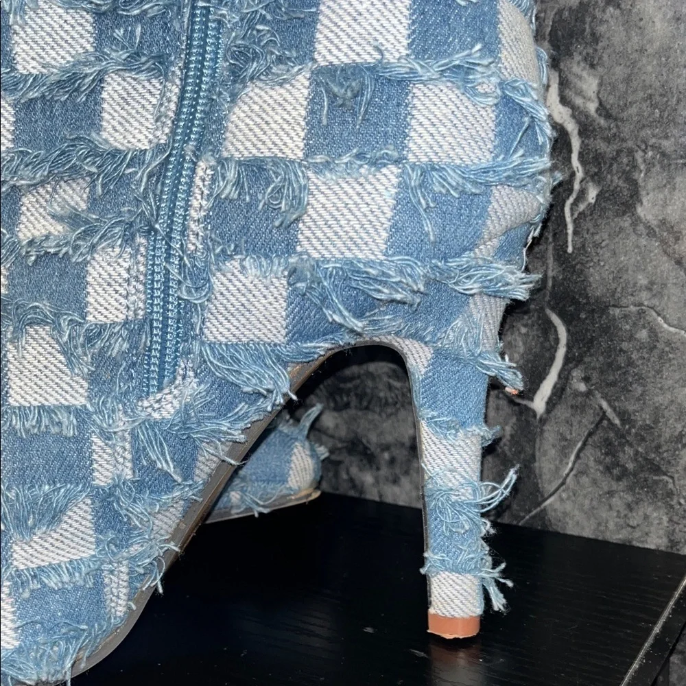 Blue and White Checkered Knee-High Boots - Picture 6 of 8